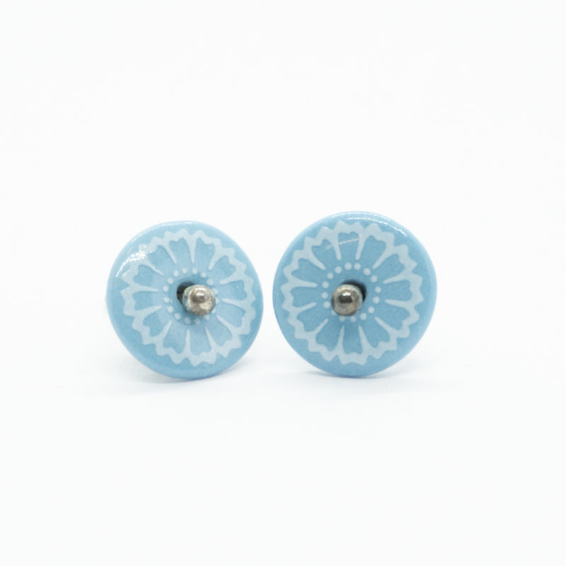 Bloom Petal Outline Blue Porcelain Stud Earrings