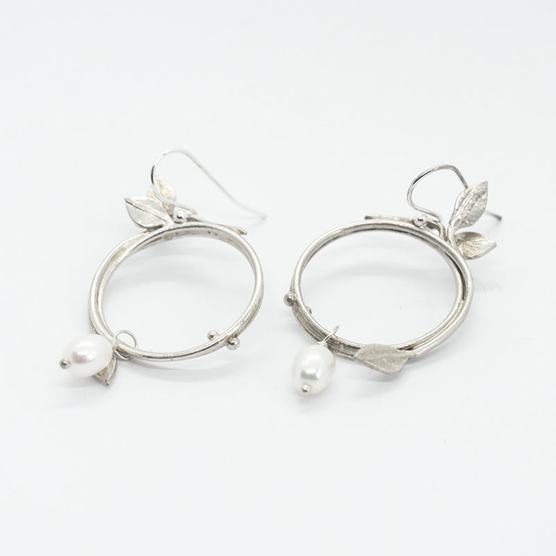 Vine Silver and White Pearl Earrings